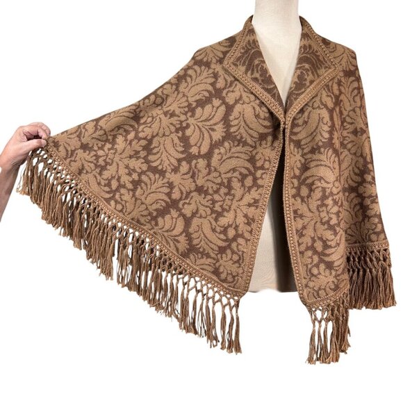 Lanart Brown Tan Alpaca Fringe Shawl Poncho Capelet Wrap One Size - Picture 2 of 9
